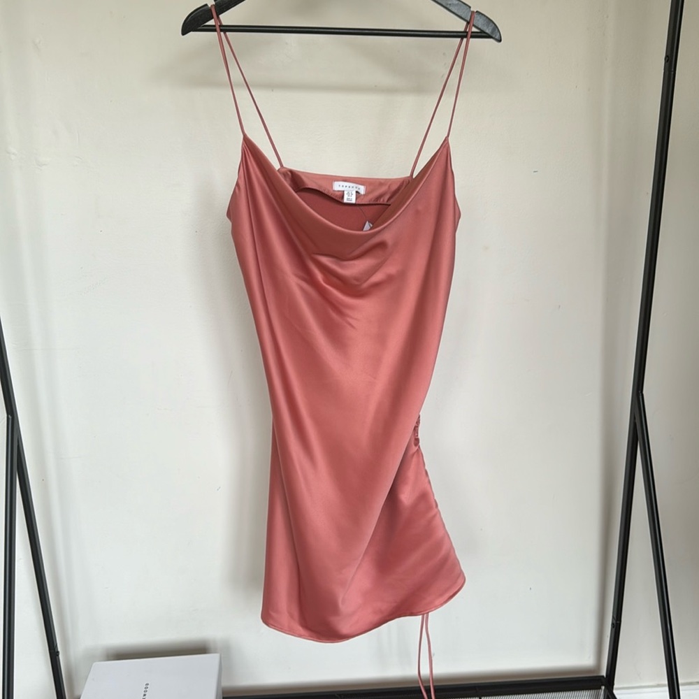 Topshop Silk Strapless dress with side ruching in size 8.